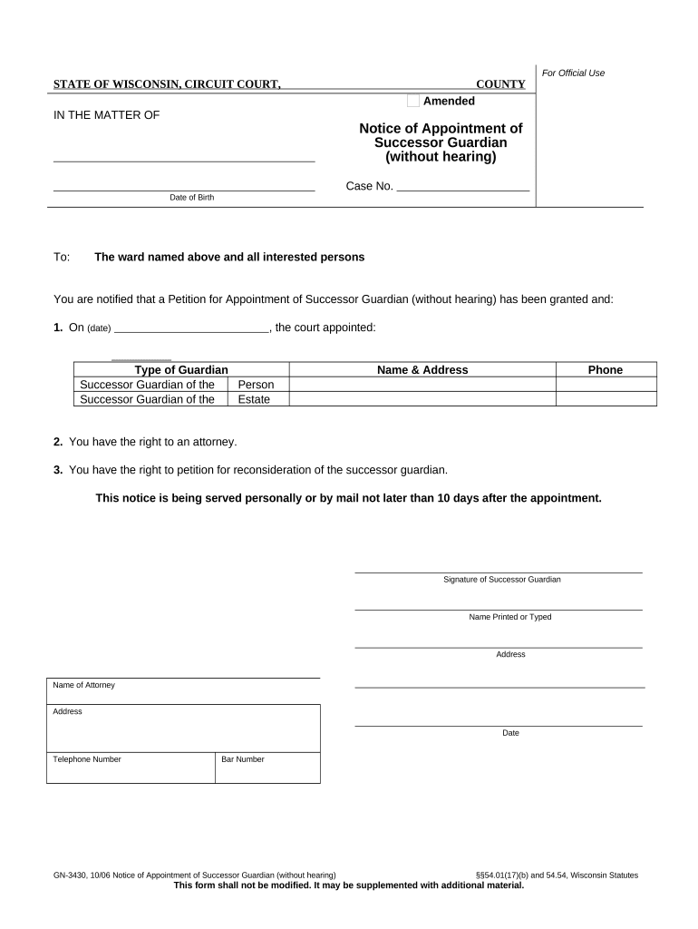 Notice of Appointment of Successor Guardian Without Hearing Wisconsin  Form