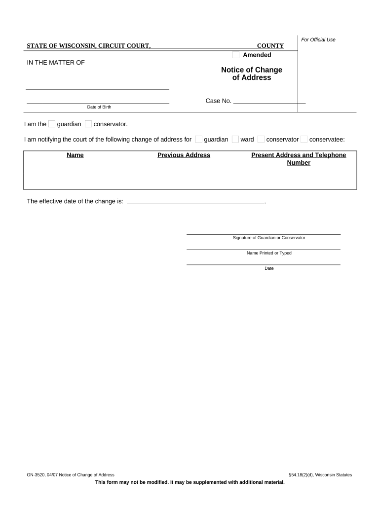 Notice of Change of Address Wisconsin  Form