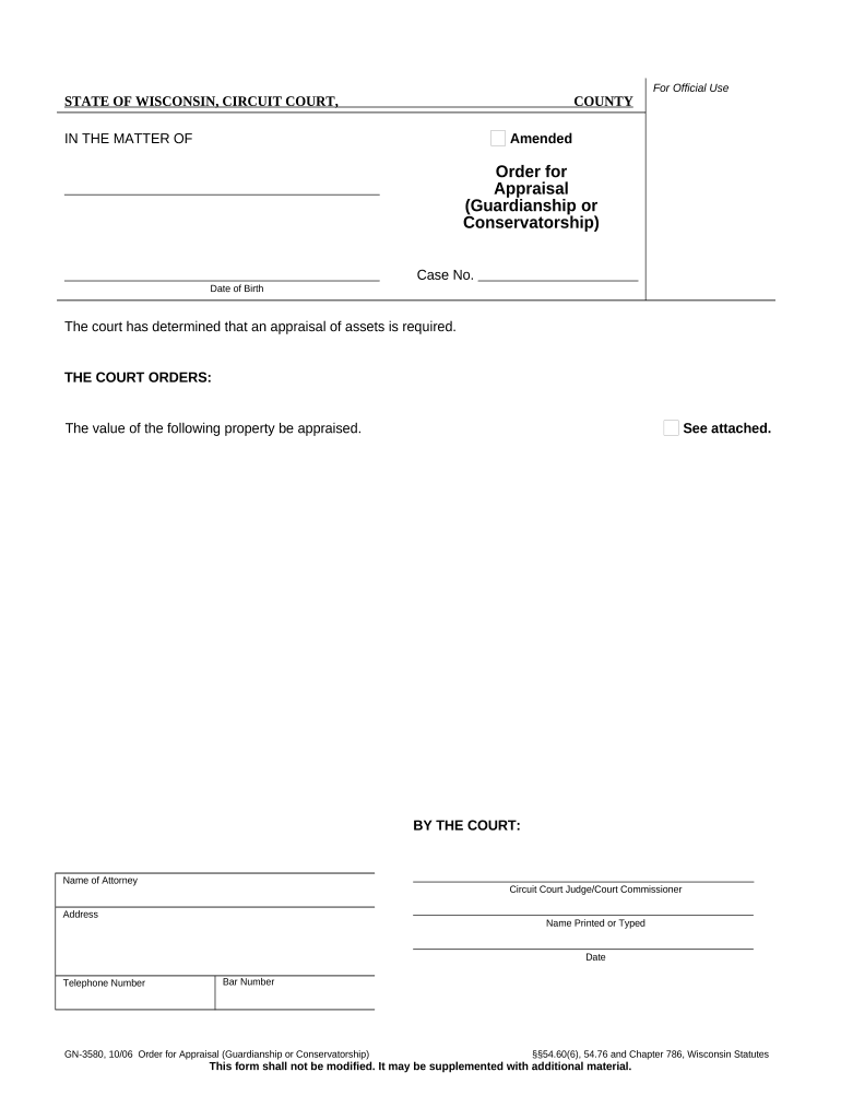 Order for Appraisal Guardianship or Conservatorship Wisconsin  Form
