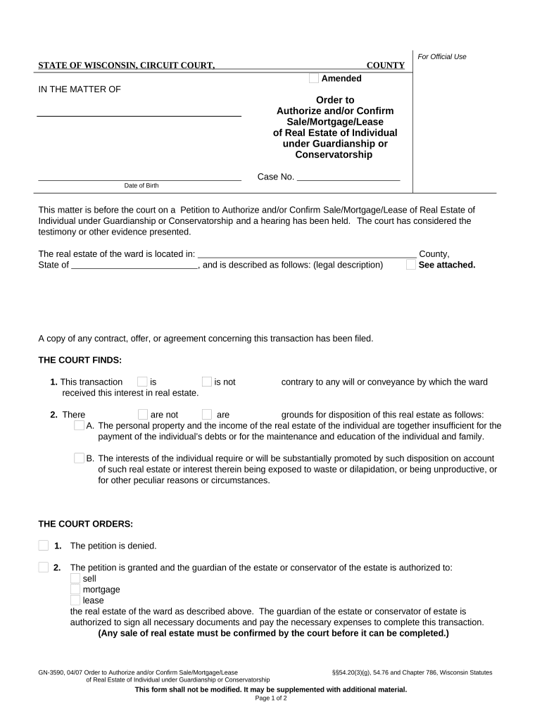 Order to Authorize AndOr Confirm SaleMortgageLease of Real Estate of Individual under Guardianship or Conservatorship Wisconsin  Form