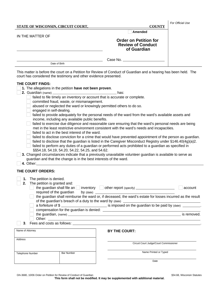 Order on Petition for Review of Conduct of Guardian Wisconsin  Form