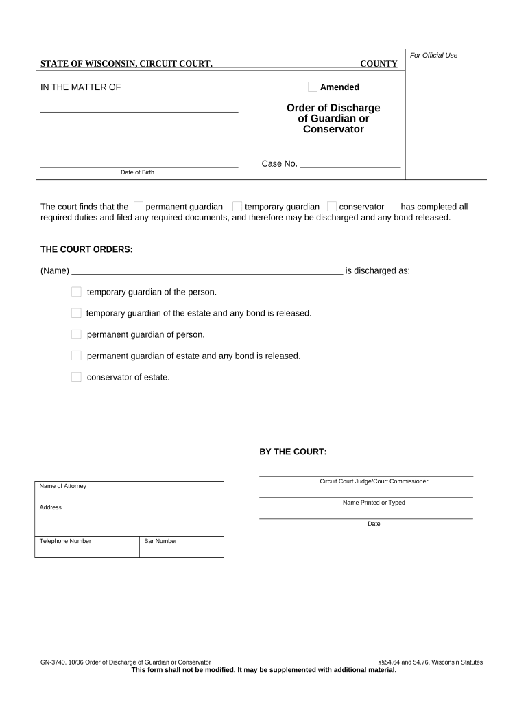 Order of Discharge or Conservator Wisconsin  Form