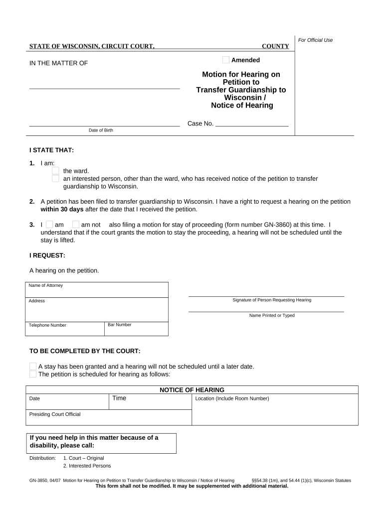 Wisconsin Motion Hearing  Form
