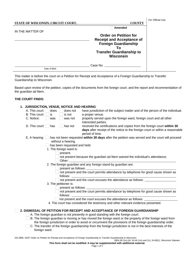 Order on Petition for Receipt and Acceptance of Foreign Guardianship to Transfer Guardianship to Wisconsin Wisconsin  Form