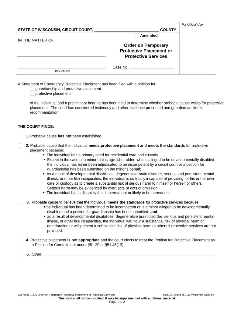 Wisconsin Protective Placement  Form