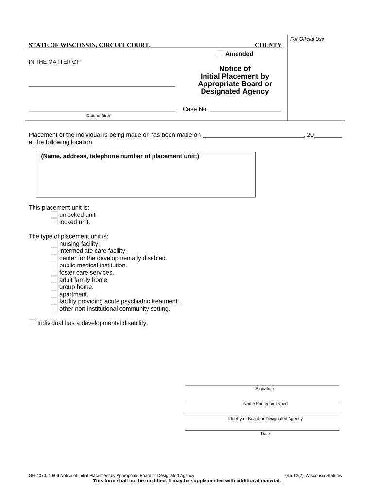 Notice of Initial Placement by Appropriate Board or Designated Agency Wisconsin  Form