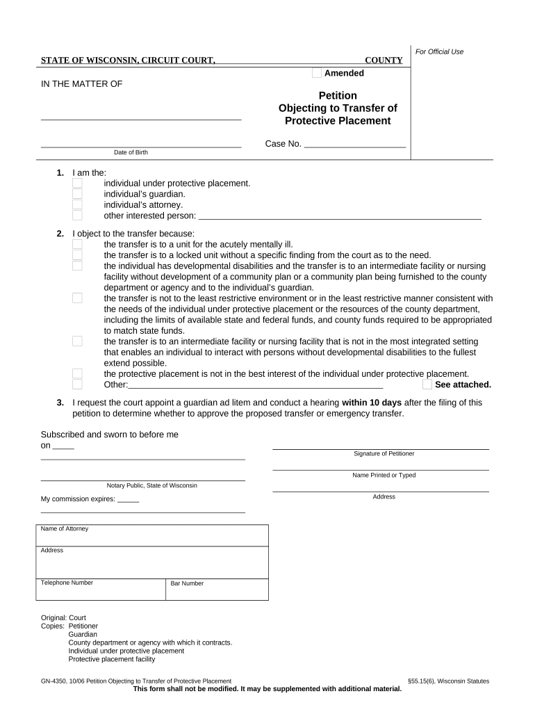 Wisconsin Protective Placement  Form