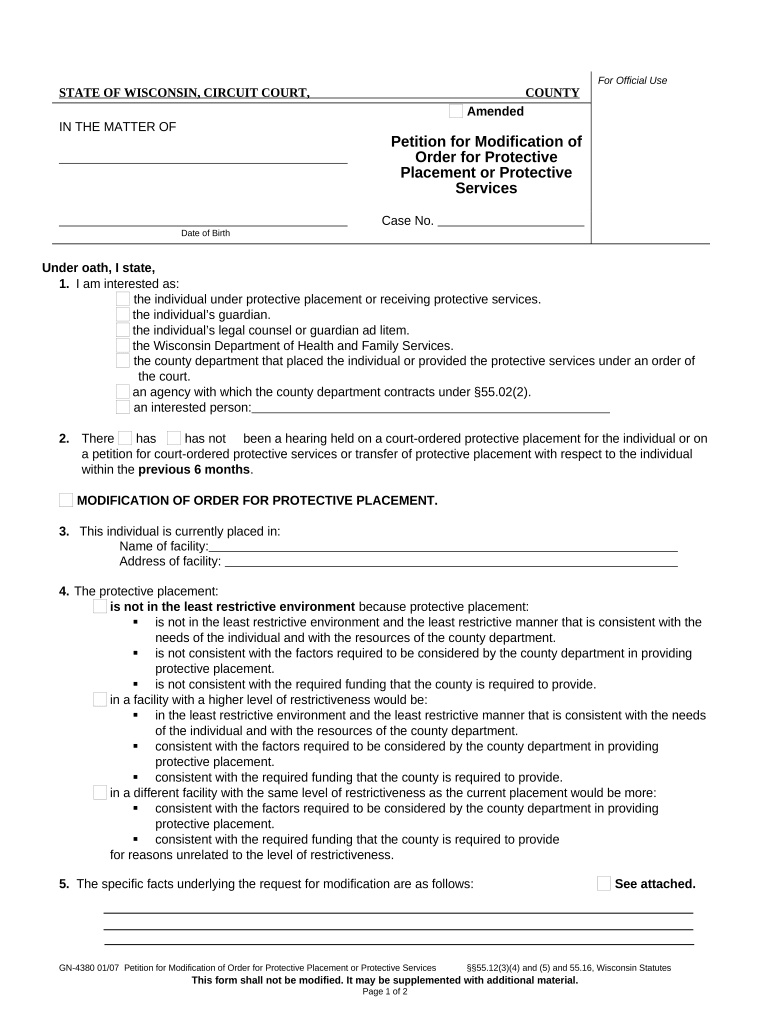 Wisconsin Petition Protective Placement  Form