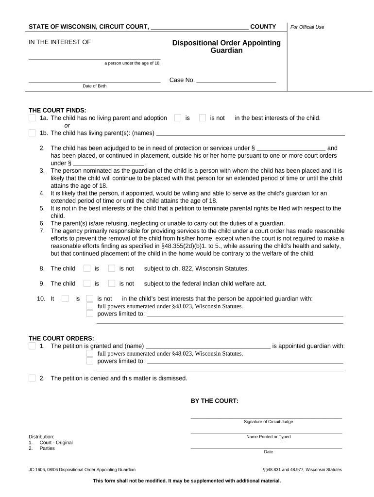 Dispositional Order Concerning Petition to Appoint Relative as Guardian Wisconsin  Form