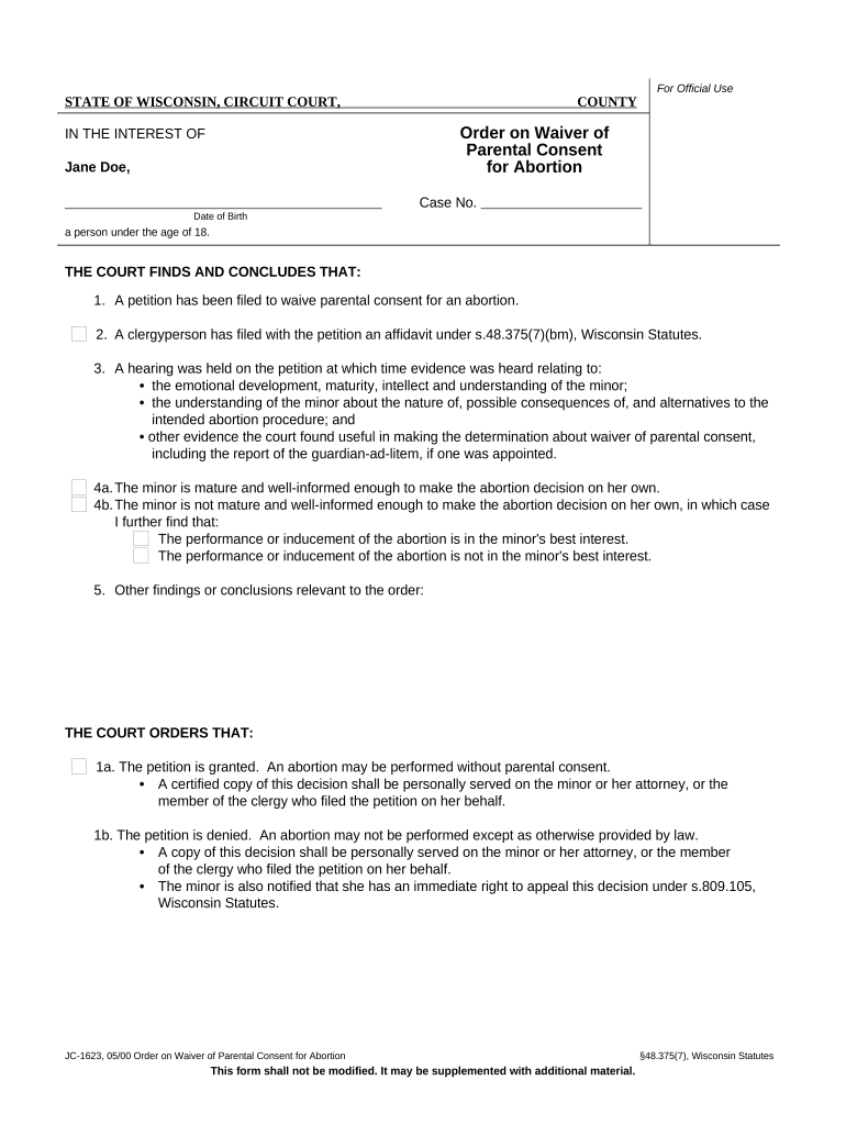 Order on Waiver of Parental Consent for Abortion Wisconsin  Form