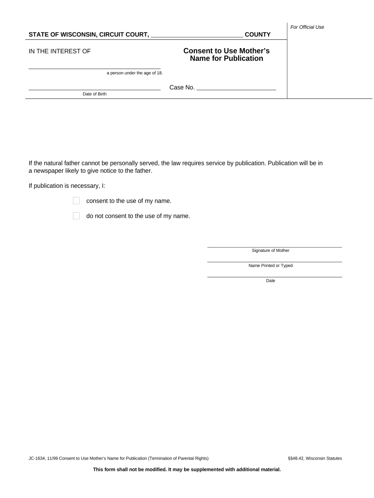 Consent to Use Mother's Name for Publication Wisconsin  Form