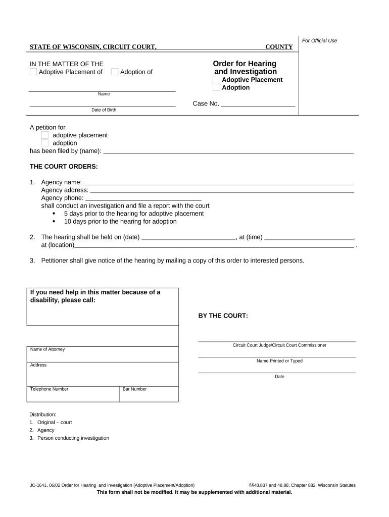 Order for Hearing and Investigation Screening Adoptive Placement Adoption Wisconsin  Form