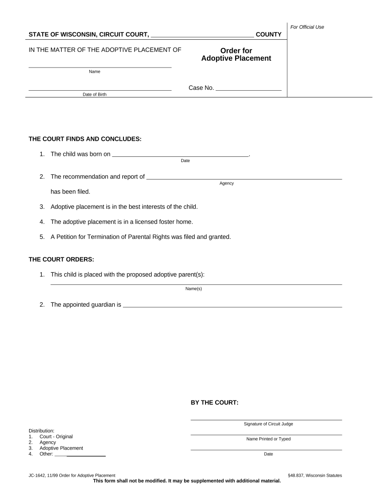 Order for Adoptive Placement Wisconsin  Form
