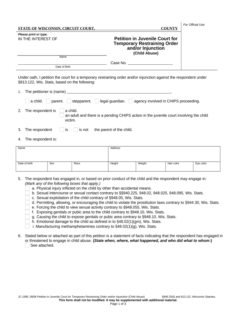 Wisconsin Restraining Order  Form