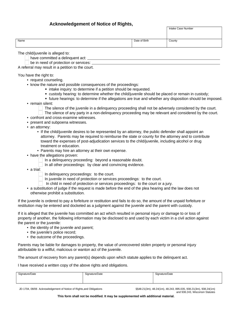 Acknowledgment of Notice of Rights, Obligations, and Possible Disclosures Wisconsin  Form