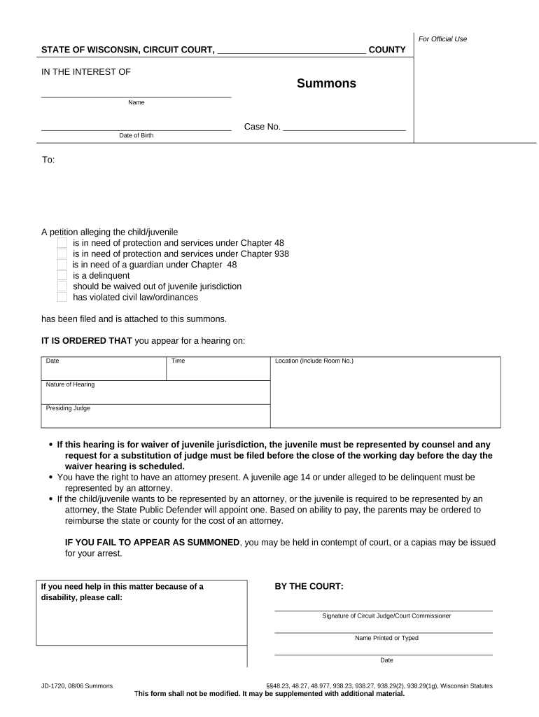 Summons Wisconsin  Form
