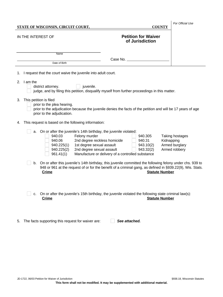 Petition for Waiver of Jurisdiction Wisconsin  Form