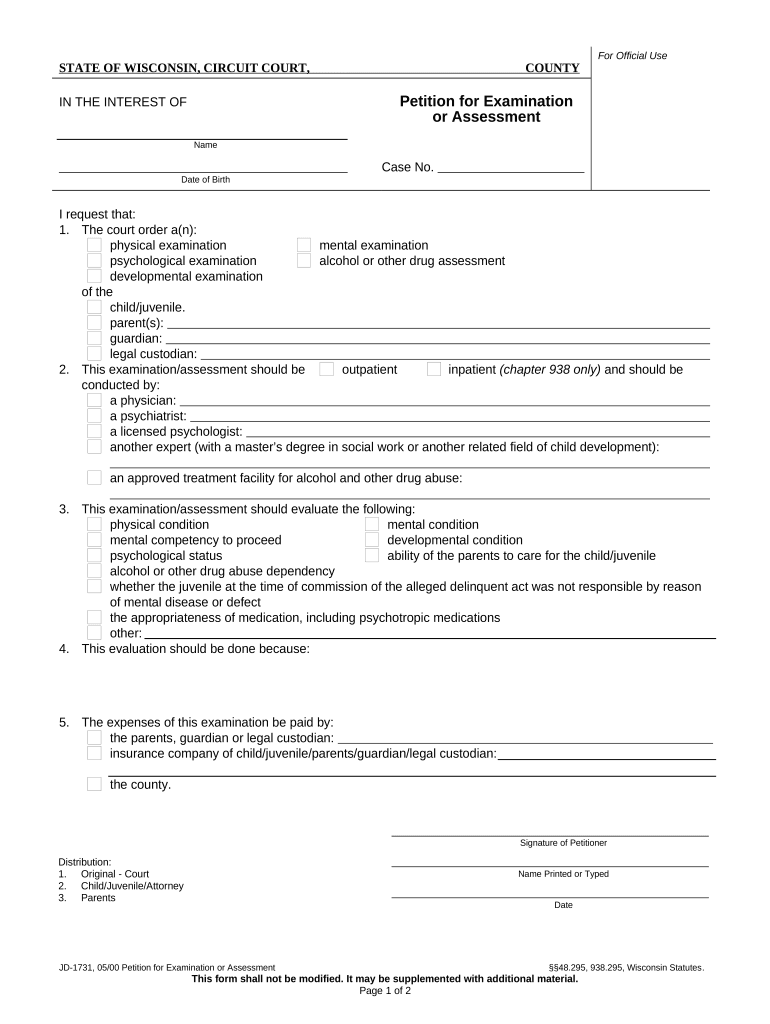 Petition for Examination or Assessment Wisconsin  Form