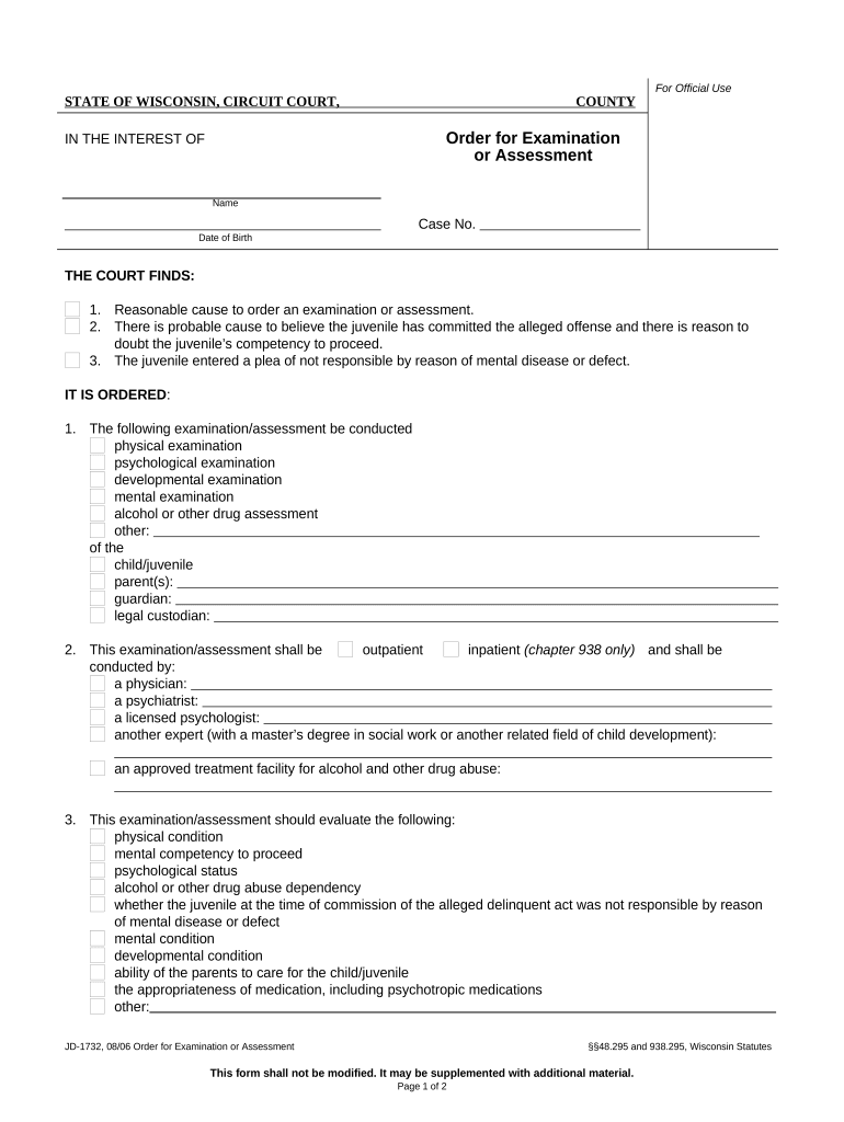 Order for Examination or Assessment Wisconsin  Form