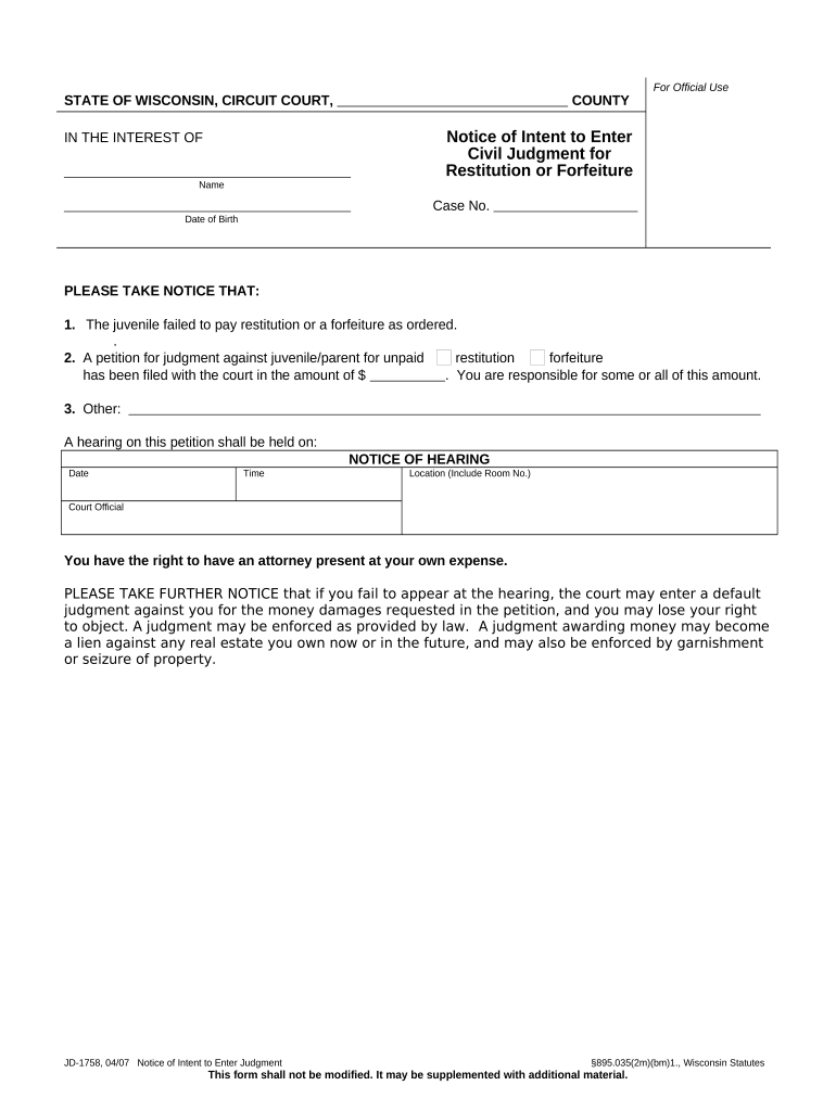 Wisconsin Notice Intent  Form