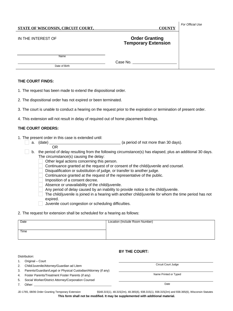 Order Granting Temporary Extension Wisconsin  Form