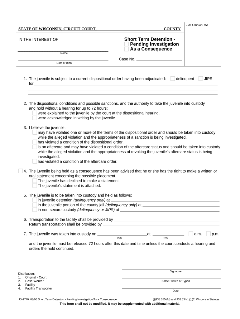 Short Term Detention Pending Investigation as a Consequence Wisconsin  Form