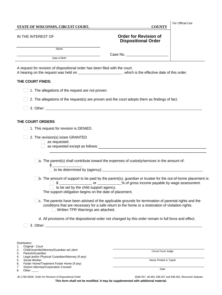 Order for Revision of Dispositional Order Wisconsin  Form