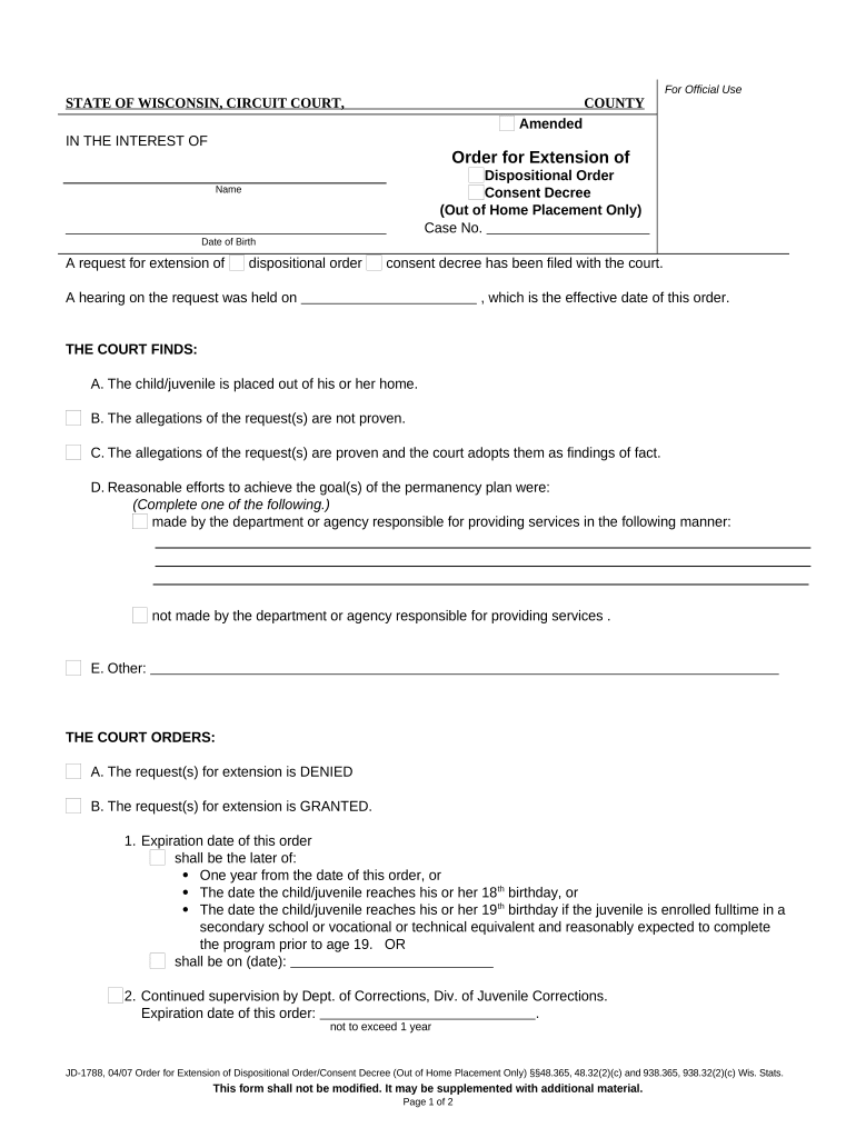 Order for Extension of Dispositional Order Consent Decree Out of Home Placement Only Wisconsin  Form