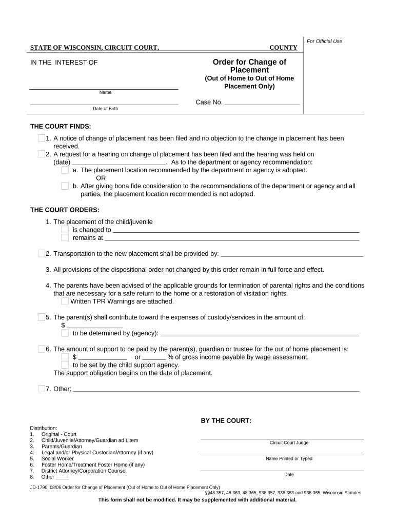 Order for Change of Placement Out of Home to Out of Home Placement Only Wisconsin  Form