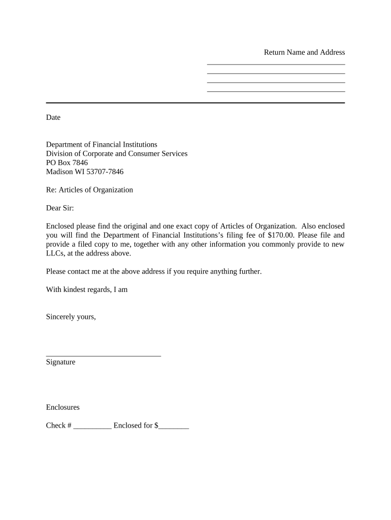 Sample Cover Letter for Filing of LLC Articles or Certificate with Secretary of State Wisconsin  Form