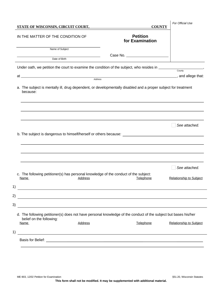Petition for Examination Wisconsin  Form