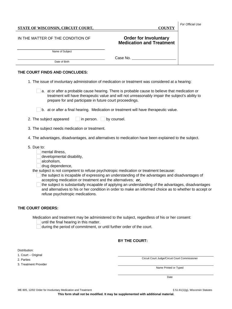 Order for Involuntary Medication and Treatment Wisconsin  Form