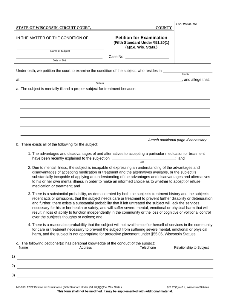 Petition for Examination Fifth Standard under 51 201a2 E Wisconsin  Form
