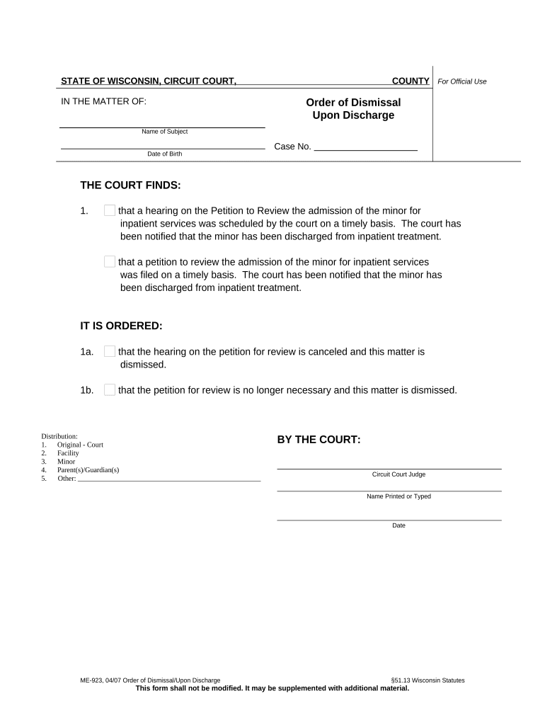 Order of Dismissal Upon Discharge Wisconsin  Form