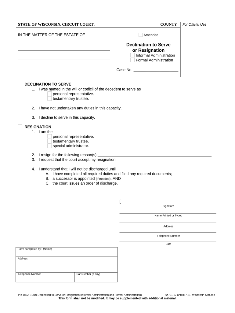 Wisconsin Personal Representative  Form