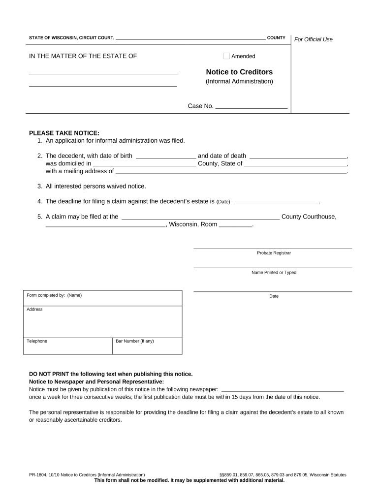 Notice Creditors  Form