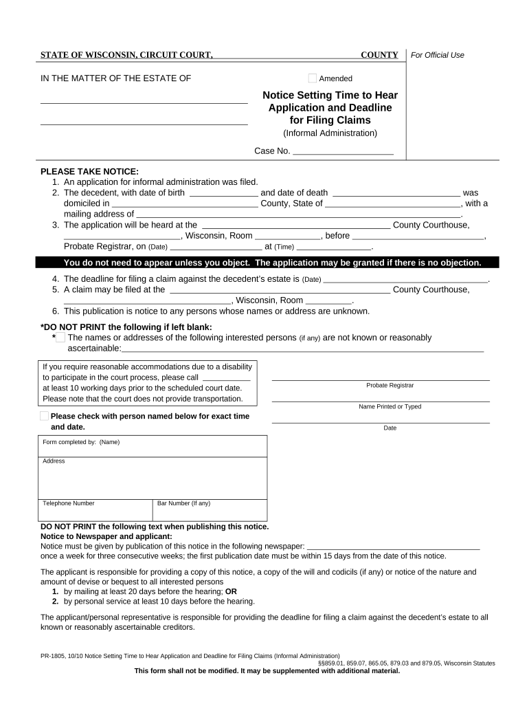 Notice to Interested Persons and Limiting Time for Filing Claims Informal Administration Wisconsin
