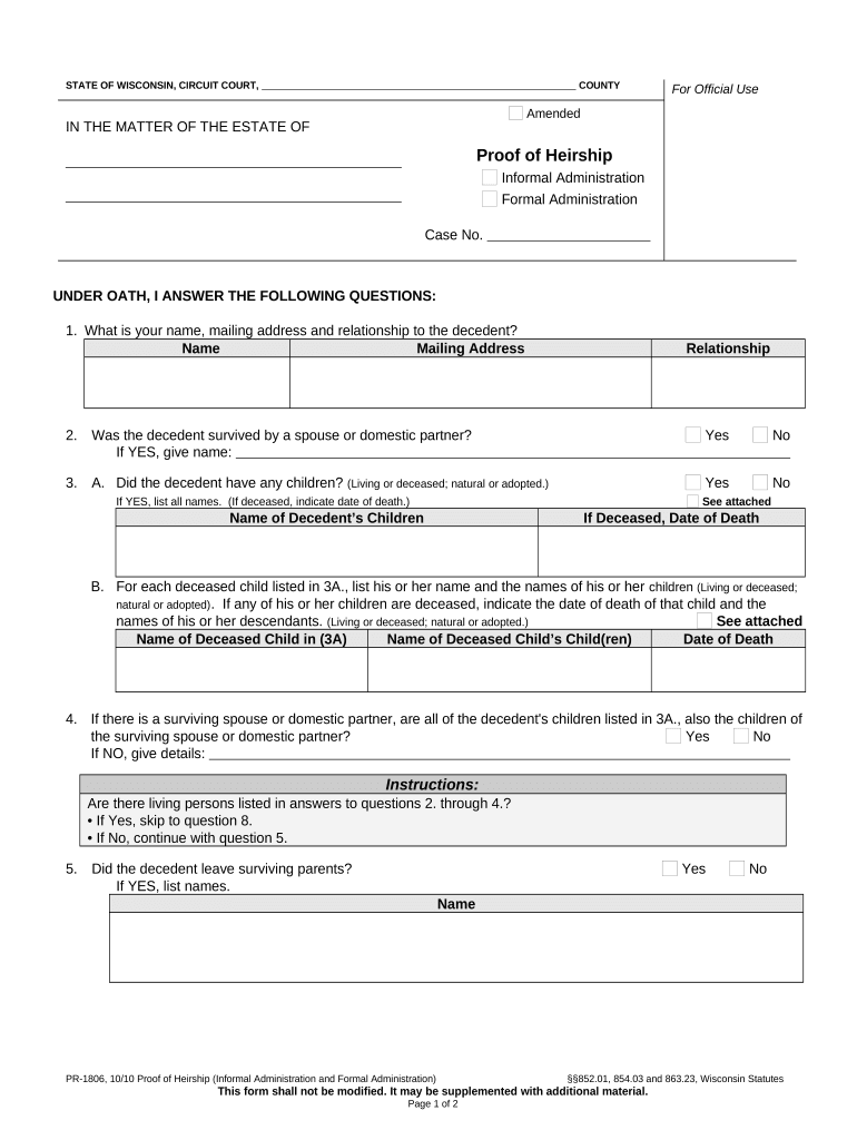 Wisconsin Proof Heirship  Form