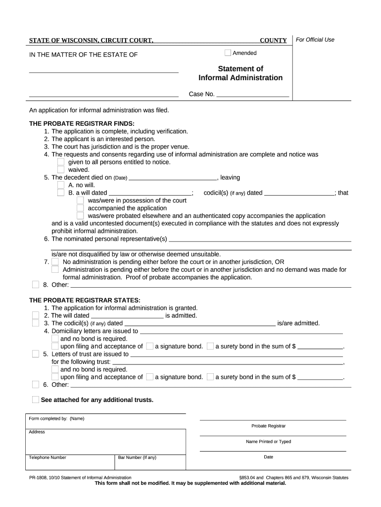 Fill and Sign the Statement of Informal Administration Wisconsin