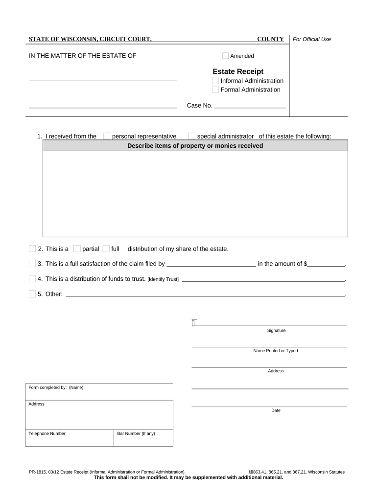 Estate Receipt  Form