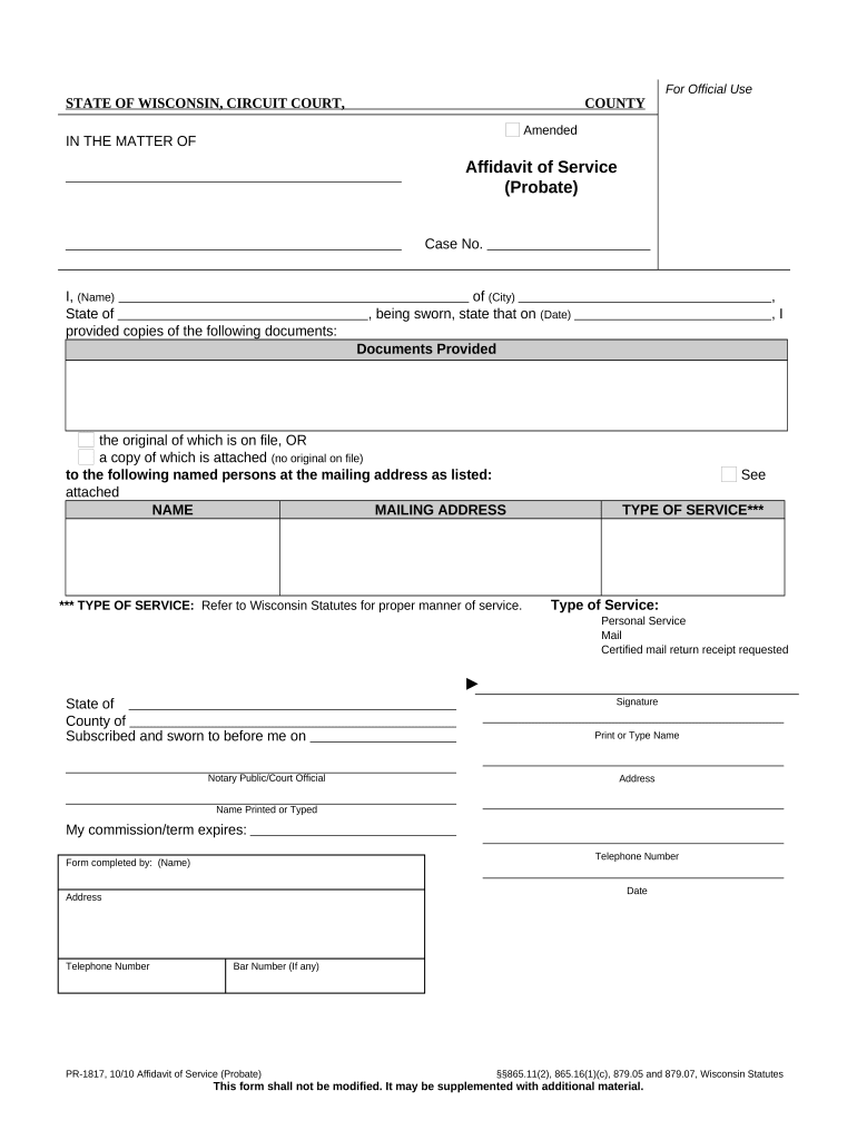 Affidavit of Mailing Wisconsin  Form
