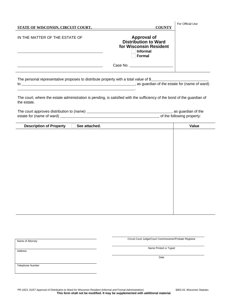 Approval of Distribution to Ward for Wisconsin Resident Informal and Formal Administration Wisconsin