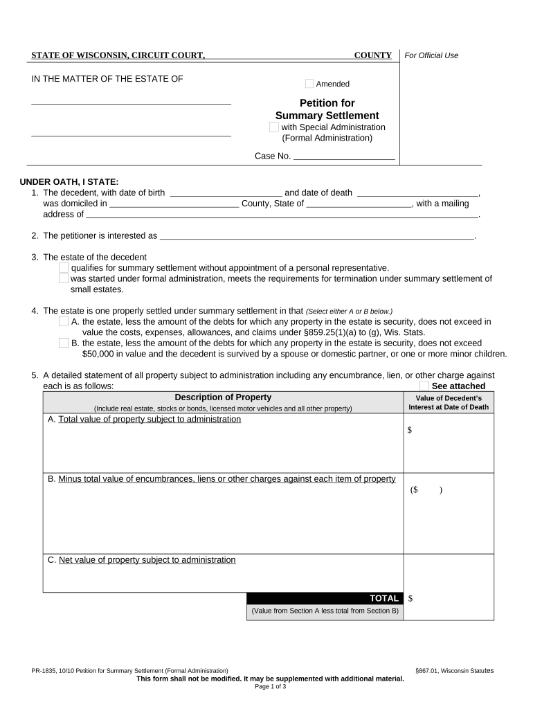 Summary Settlement Petition Wisconsin  Form