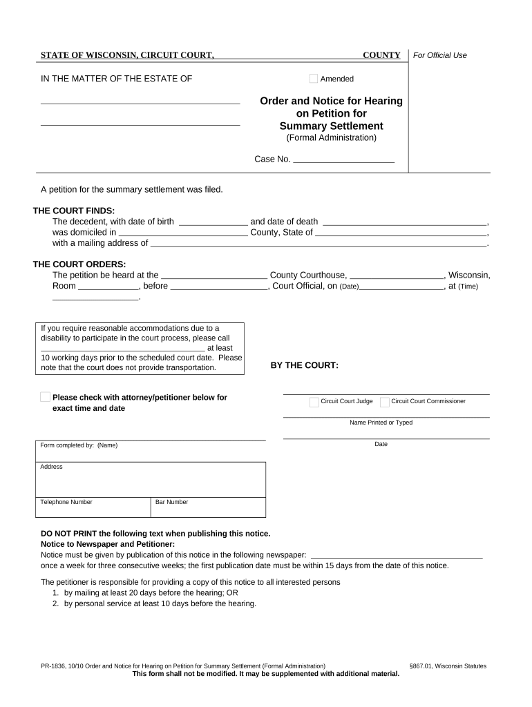 Wisconsin Summary Settlement  Form