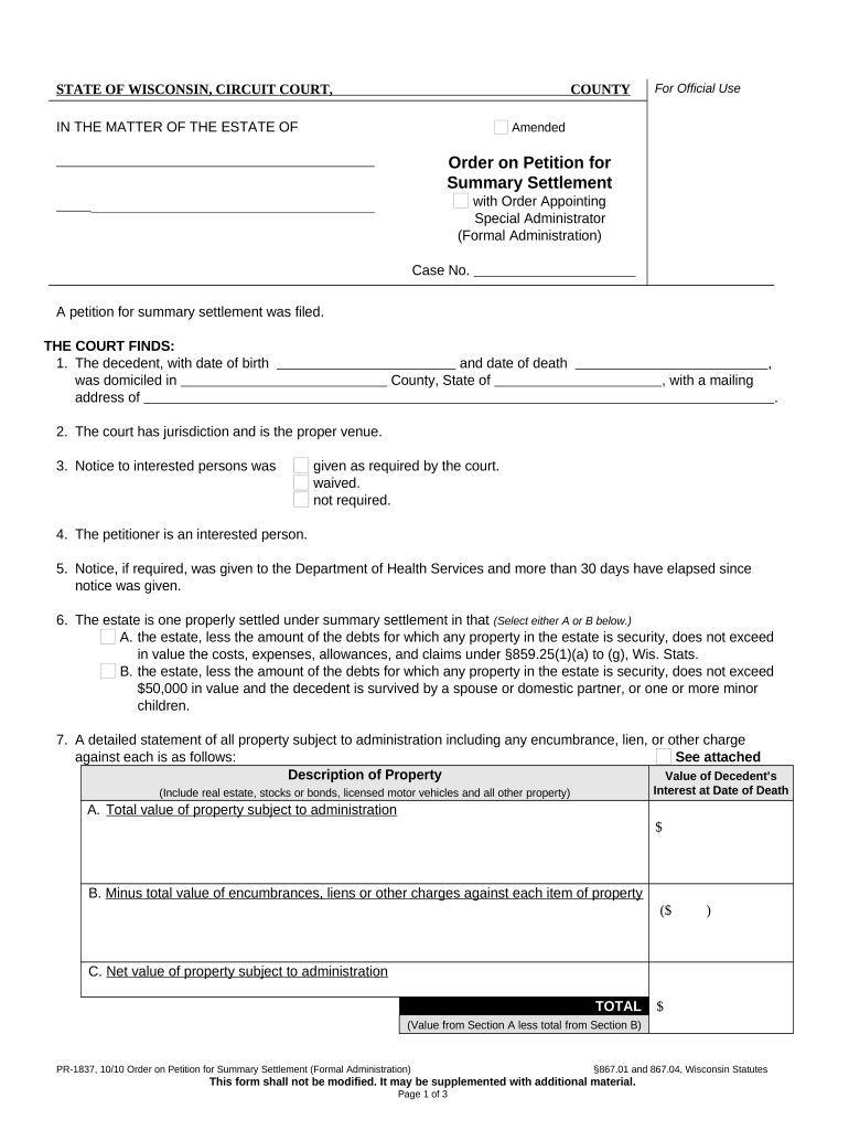 Wisconsin Summary Settlement  Form