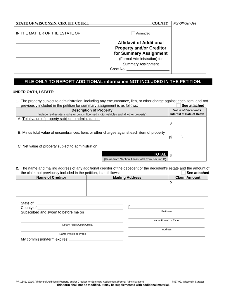 Summary Assignment Affidavit Wisconsin  Form