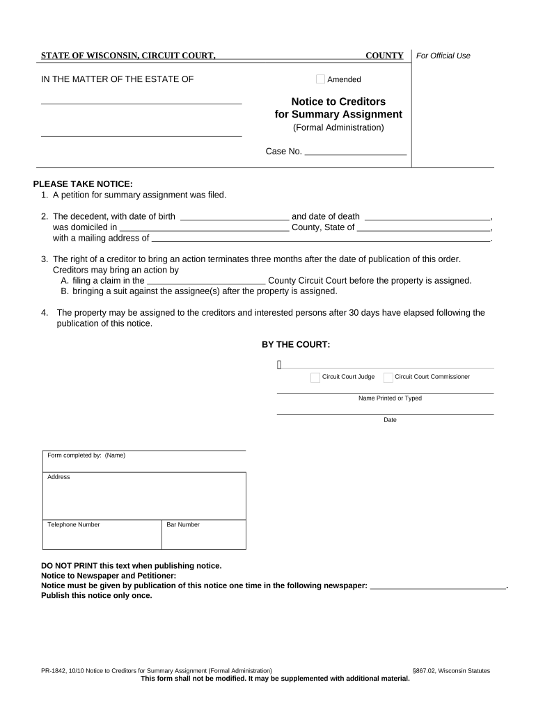 Wisconsin Summary Assignment  Form