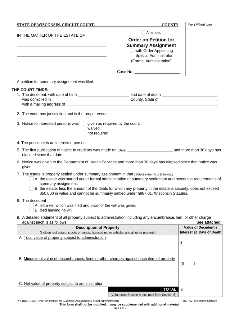 Wisconsin Summary Assignment  Form