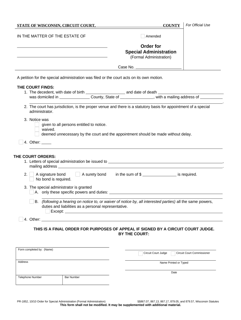 Wisconsin Special Administrator  Form