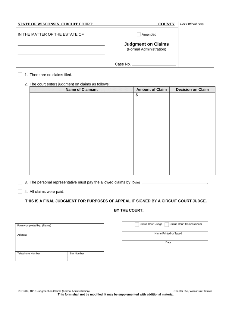 Judgment on Claims Wisconsin  Form